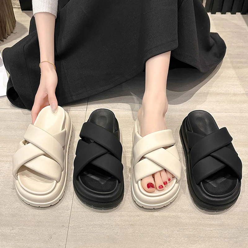 Beach Shoes House Slippers Platform Slides Med Slipers Women Sabot Flat Summer 2024 Soft PU Rubber Casual Leisure Beach Shoes Sl