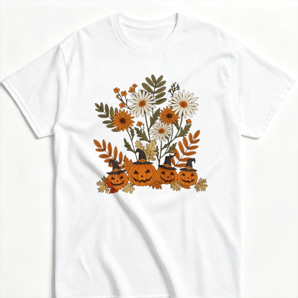Loose Vintage Floral Pumpkin Witch Hat Graphic T-Shirt Women Cute Boho Autumn Daisy Leaf Halloween Spooky Short Sleeve Top Gift