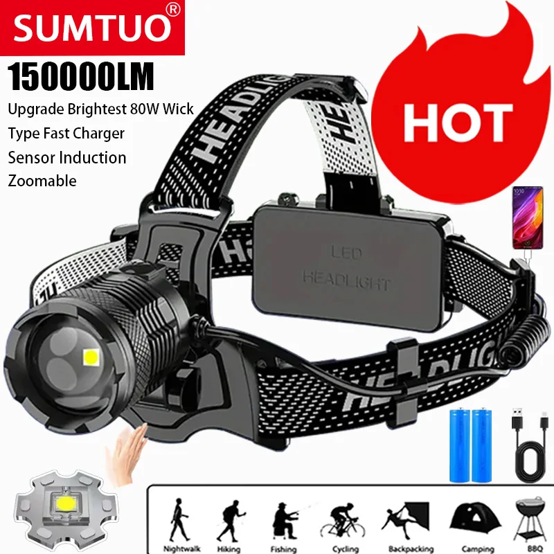 

Upgrade 150000LM Powerful 800W LED Headlamp Rechargeable Head Flashlight Digitals Display Headlamp Fishing Camping Head Lantern