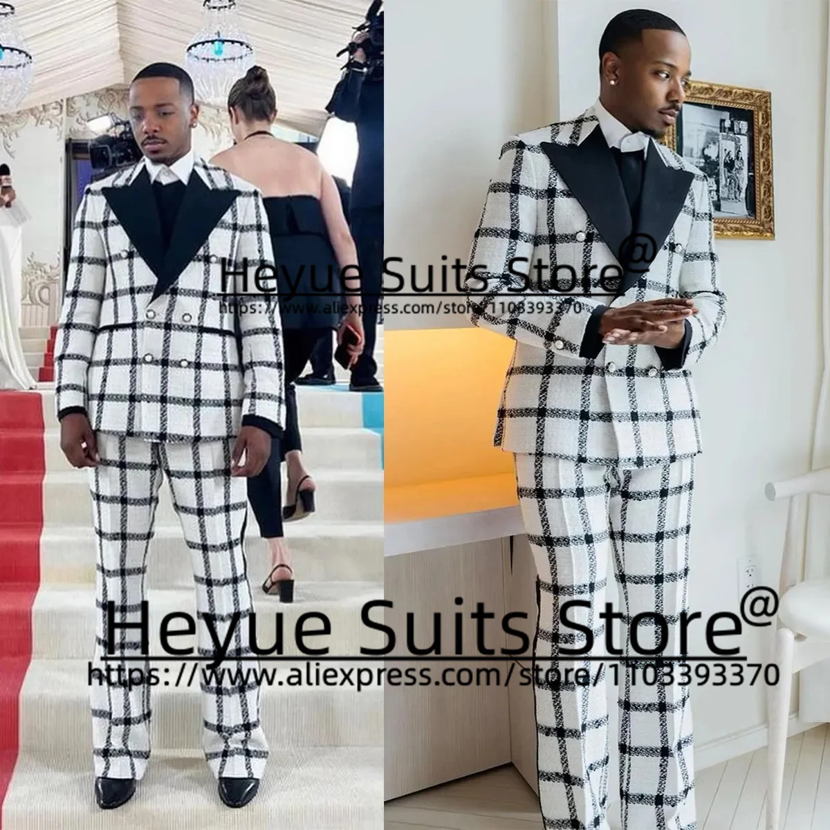 Winter Plaid White Men Suits Slim Fit Custom Black Peak Lapel Formal Groom Tuxedos 2 PCS Sets Classic Male Blazer Costume Homme