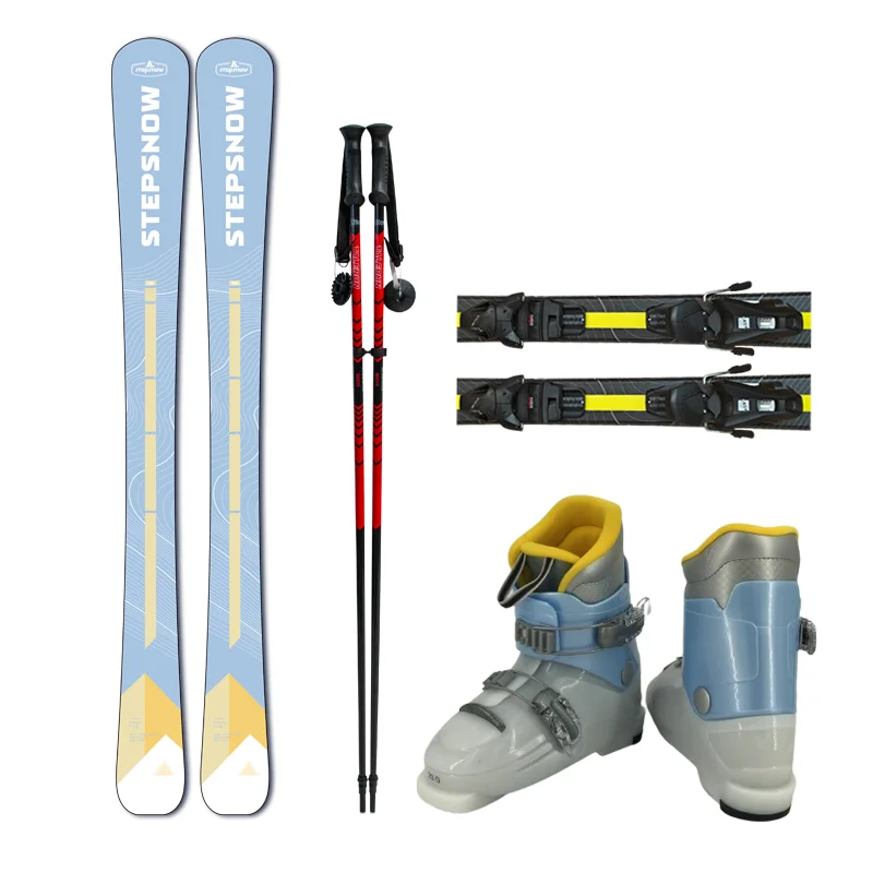 Children's Winter Sports Outdoor Alpine Ski Set with Wood Ski Boots and Bindings Supply