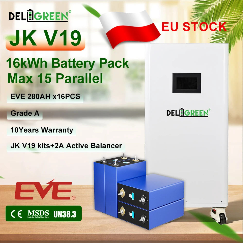 

EU Stock EVE280K Grade A+ Lifepo4 Battery JK V19 BMS 2A Active Balancer Kits CAN RS485 8000 Cycles 16kWh Solar Storage VAT Free