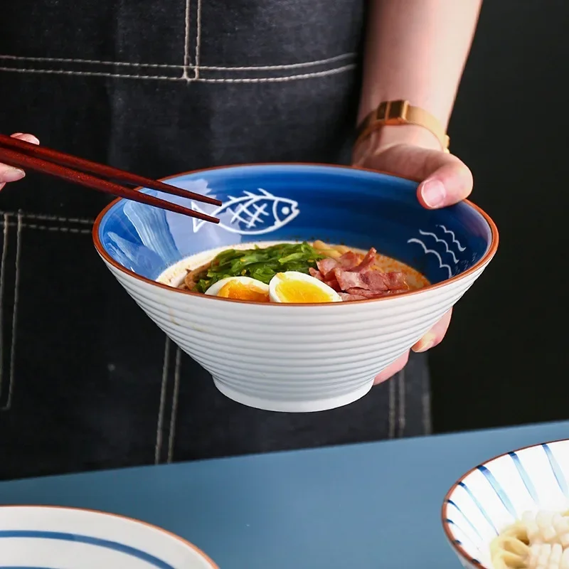 Japanese Ceramic Large Ramen Noodle Bowl Tableware Soup Bowls Household Noodles Bowl Bamboo Hat Trumpet Bowl Ceramic