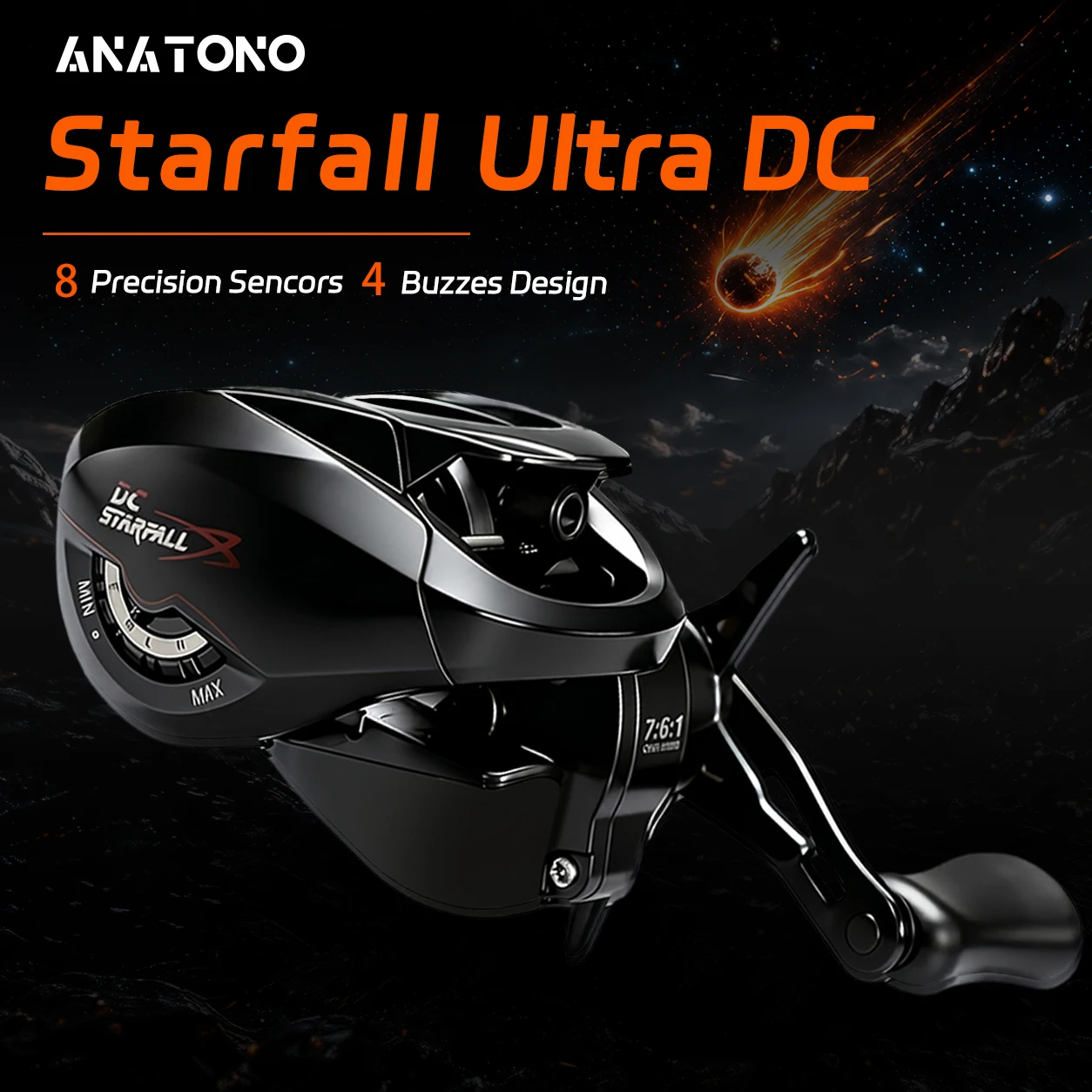 ANATONO STARFALL ウルトラデジタルベイトキャスティングリール、8つのホールセンサー、4つのシグネチャーバズモード搭載、ソーラー電子ブレーキシステム