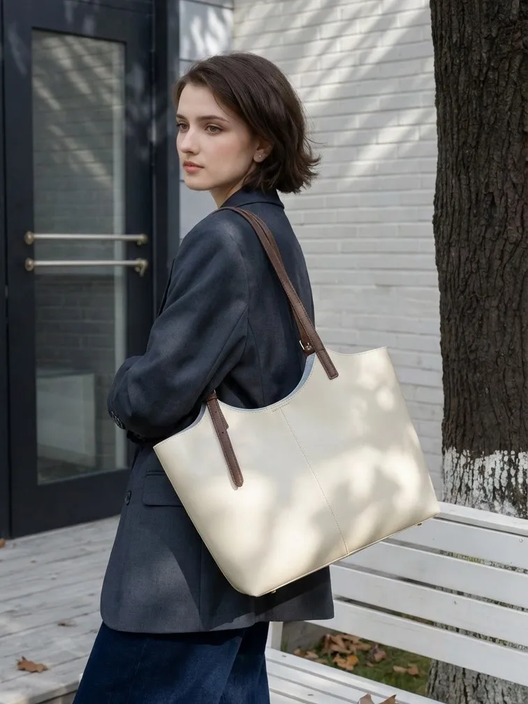 Genuine Leather Women Bag Fashion Senior Sense Tote Bag Versatile Simple Large Capacity Cowhide Tote Bag Commuter Shoulder Bag
