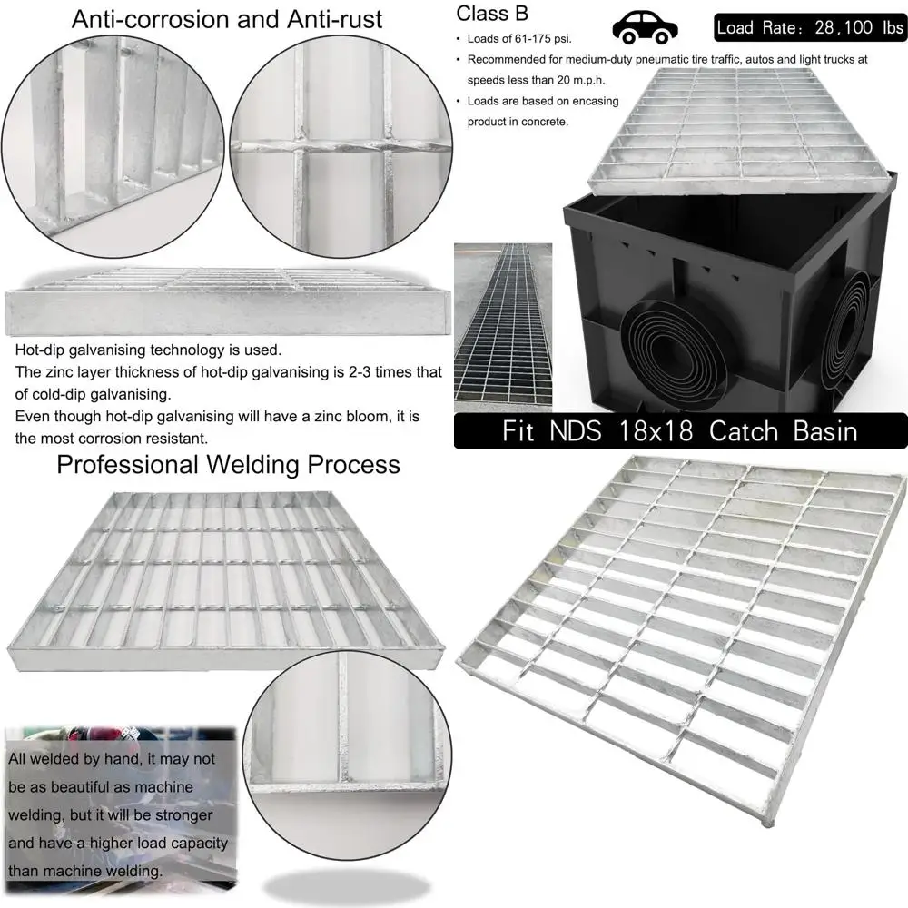 

Heavy-Duty 28100 lbs B-Class 18x18 Galvanized Steel Drain Grate for Outdoor Driveway Trench Drainage, Silver Square Replacement