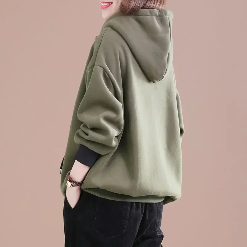 Green Sweatshirts For Women Tops Hoodies Hooded Black Female Clothes Pullovers Offer Korean Style Thick Goth Winter Cold 2000s