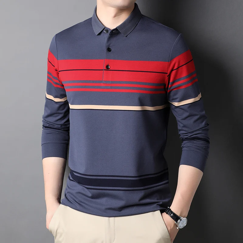 Top Grade New Fashion Designer Brand Simple Trendy Mens Polo Shirt With Long Sleave Stripped Casual Tops Men Clothes