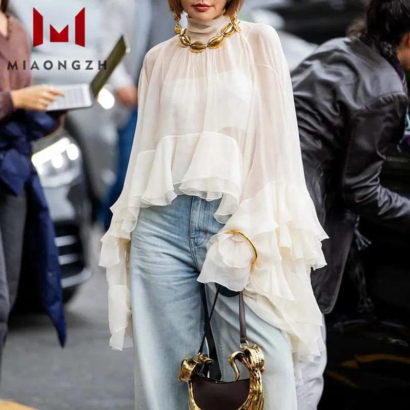 

Fashion Solid Loose Sheer Blouses Women's Turtleneck Patchwork Ruffles Folds Long Sleeves Elegant Ladies Blouse Top Clothing New