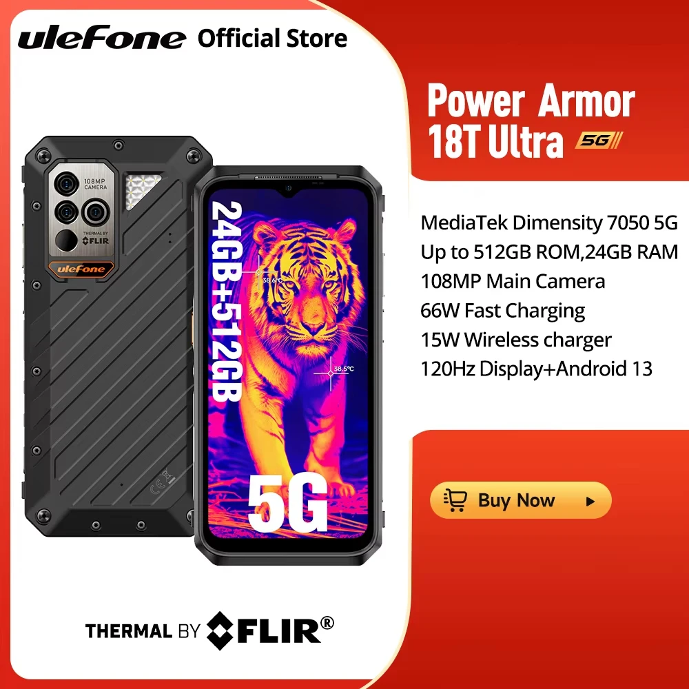 

Ulefone Power Armor 18T Ultra 5G Rugged Smartphone，Dimensity 7050，512GB ROM +24GB RAM ，THERMAL BY FLIR®,Android 14，108MP