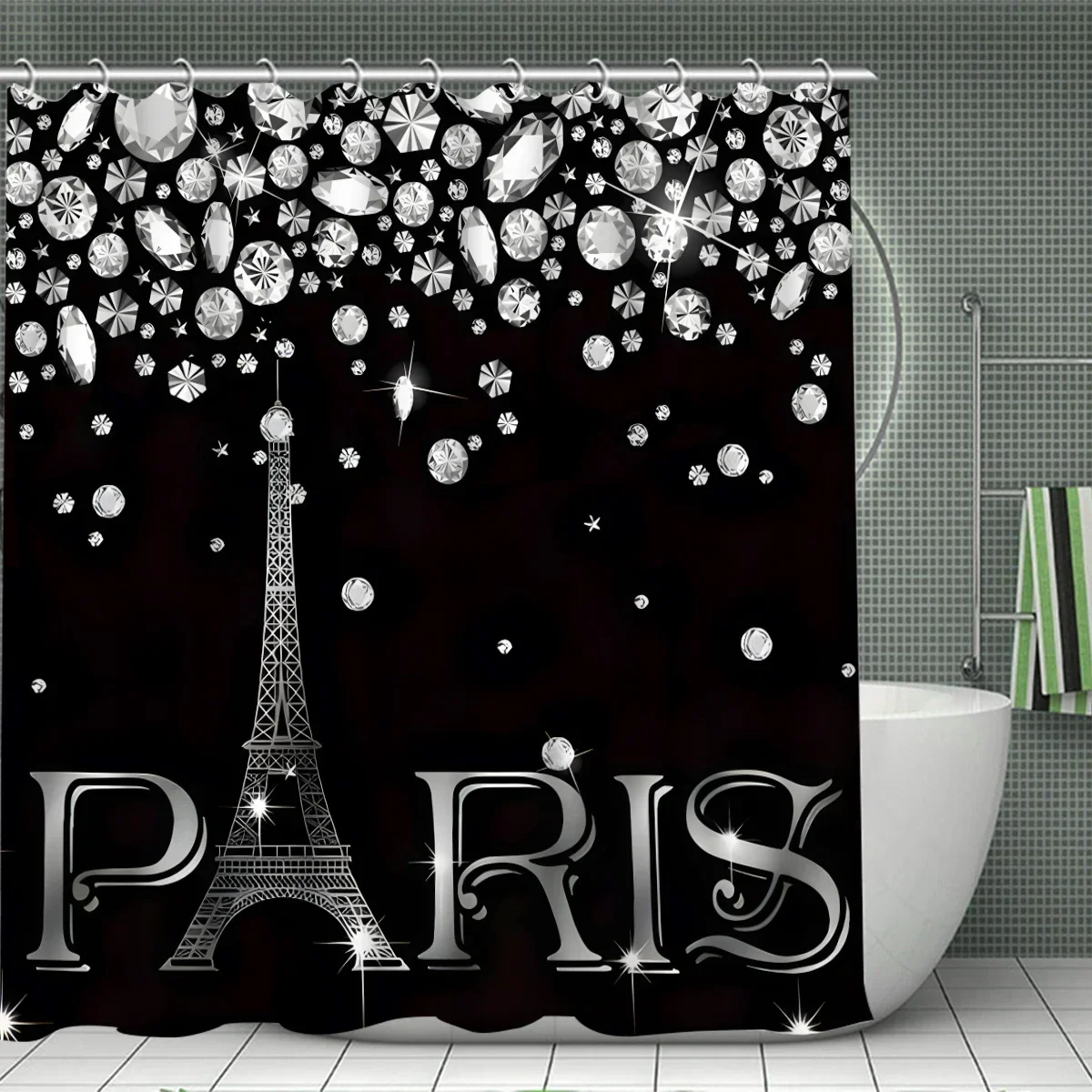 Black and white romantic Paris bathroom curtain waterproof toilet non-slip bathroom mat U-shaped mat toilet cover