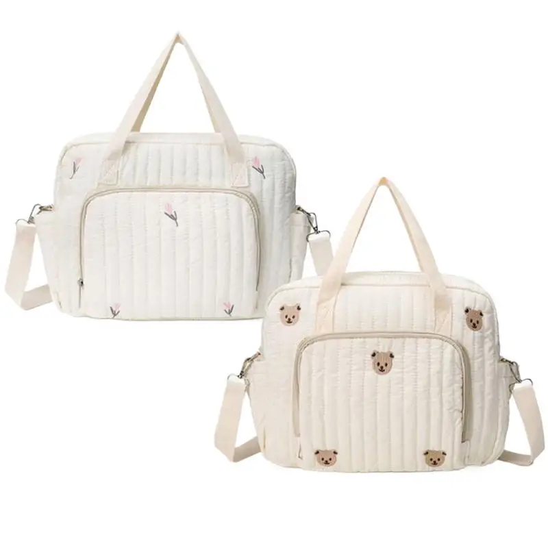 

Новая сумка для мамы, милый медведь, цветок, вышивка, детские сумки для подгузников, хлопчатобумажная ткань, сумка на молнии, уличная портативная сумка через плечо 35*29 см