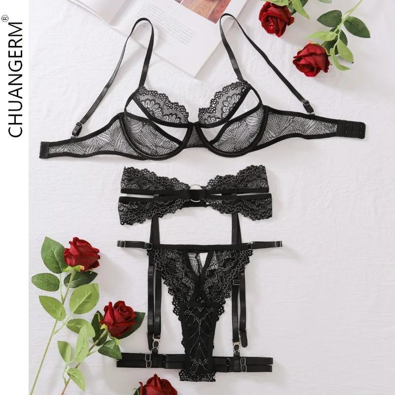 

CHUANGERM Onlyfans Kit Sexy Erotic Lingerie Ladies 4 Piece Sheer Set Fancy Embroidered Panty Brief Set Sexy Lace Bra Garter Belt