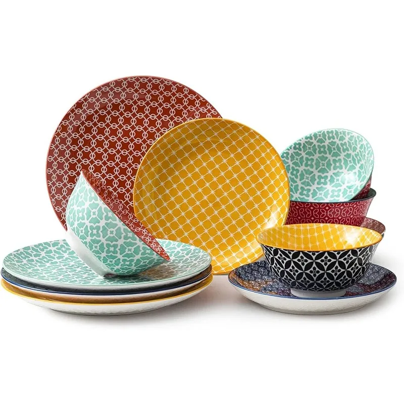 Ceramic Plates and Bowls Sets, 12-Piece Dinnerware Sets for Christmas Decor, Colorful Dish Set for 4,