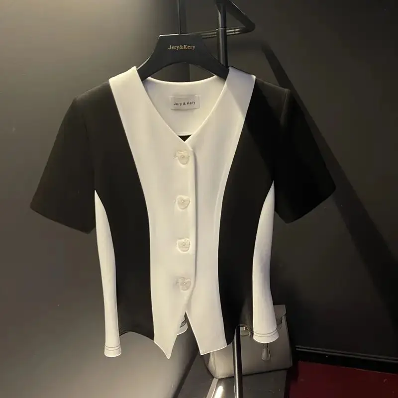 

Стильный женский кардиган с цветными блоками и пуговицами с v-образным вырезом, модный летний новый стиль, высококачественный и элегантный топ