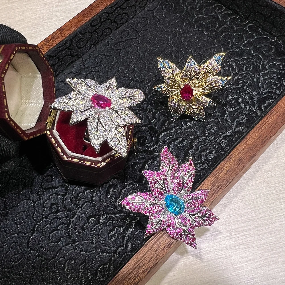 

luxury cubic zirconia ring for women sparkling jewelry party gala event gold silver color leaf ring pink yellow white zircons