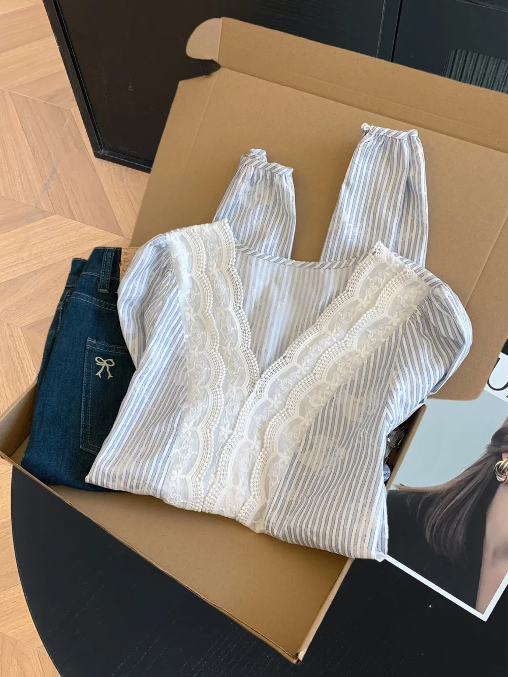 

Кружевной лоскутный топ в полоску в стиле ретро, свободный мужской повседневный топ, милый универсальный осенний французский длинный све V-Ne irt