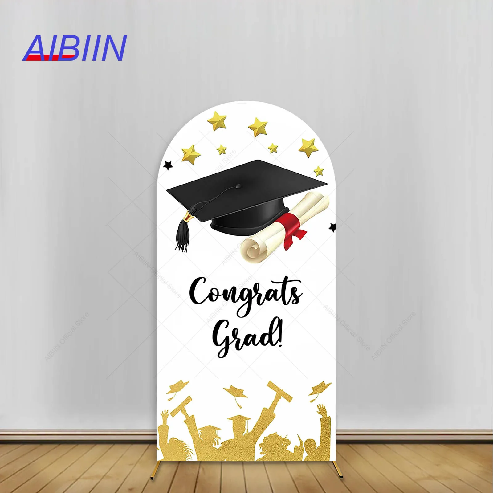 

Congrats Grad Arch Backdrop Cover Gold Stars Black Bachelor Hat Congratulations Graduation Prom Party Decor Portrait Background