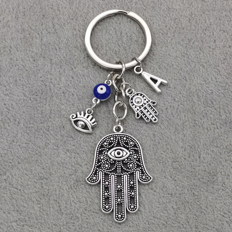 Vintage Hamsa Hand Evil Eye Keychain A-Z Letter Charm Fashion Keyring for Protection Bag Car Key Chain Lucky Gifts view 6