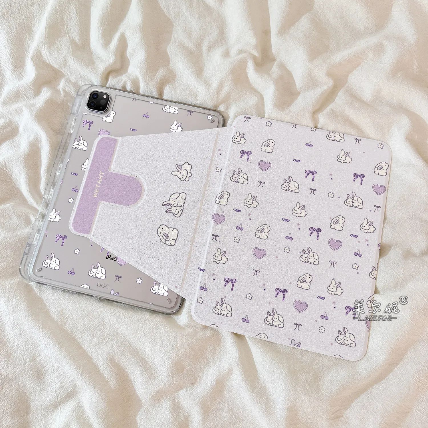 Cartoon Purple Bow Rabbit Rotate Foid iPad Case For iPad Pro 12.9in Air7 10th 11th iPad Pro 11 13in 2025 M4/5 Protected Cover