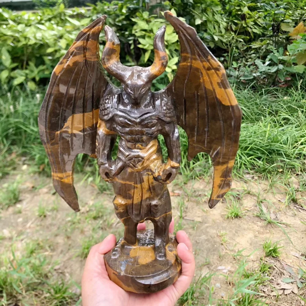 24cm Quartz Jasper Demon Figurine Natural Crystal Gargoyle Statue Gothic Reiki Healing Home Decoration Collectible Gift