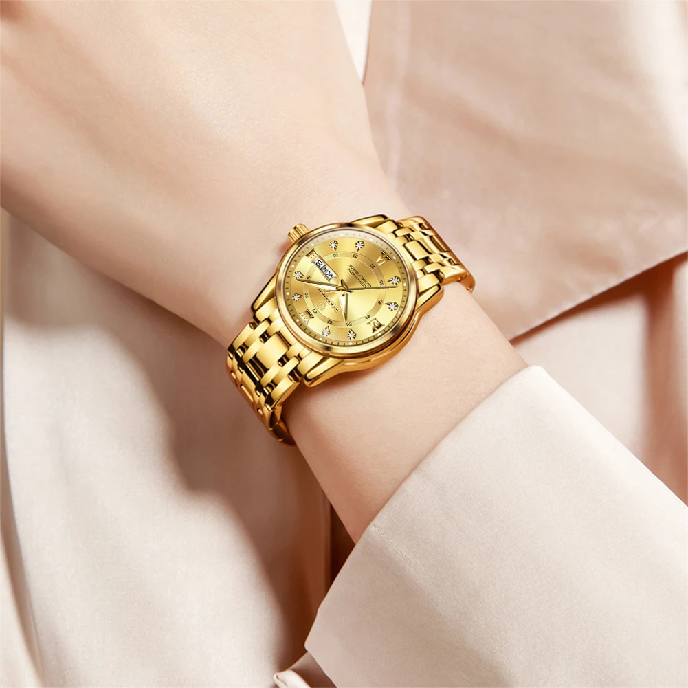 BINBOND Women's Watches 5176L Luxury Gold Fashion Original Quartz Watch for Lady Waterproof Luminous Date Week Stainless Steel