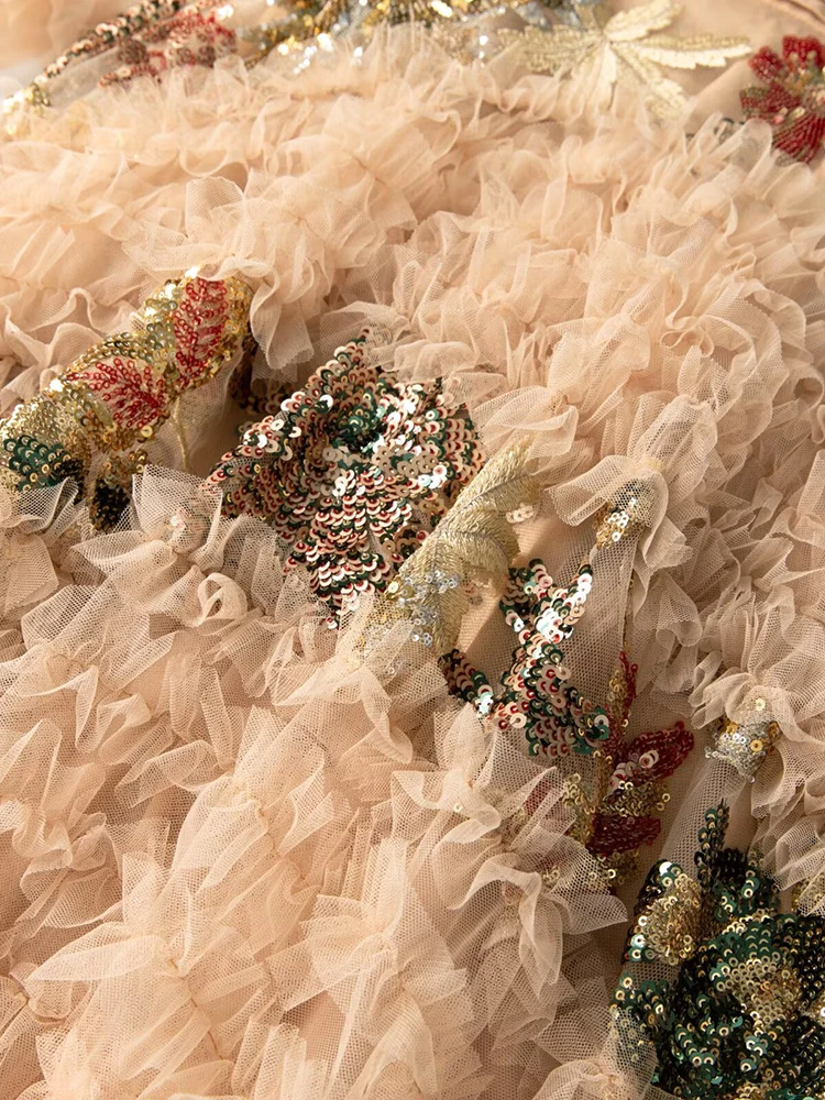 DSFACAIRIJ femmes paillettes fleur broderie Maxi robe col rond lanterne manches volants élégant robe de bal maille automne femme