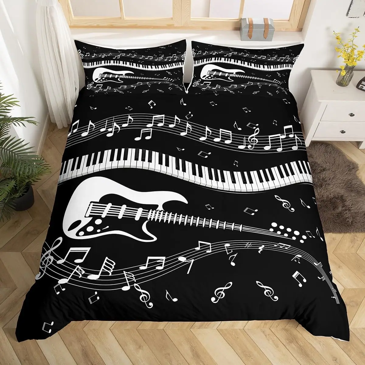 Guitar Bedding Set Musical Notes Piano Keys Comforter Cover for Kids Boys Girls Teens Rock Roll Music Duvet Cover Bedroom Decor