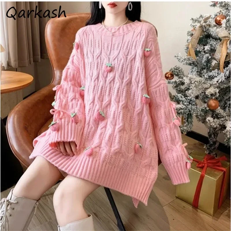 Pullovers Women Sweet Three-dimensional Strawberry Design Sweaters Autumn Winter New Loose Ulzzang Stylish Aesthetic Streetwear