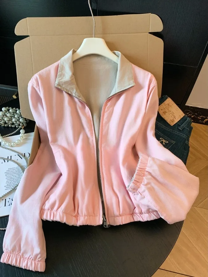 Pink Double-Sided Wear Linen Stand-Collar Jacket Women's Autumn Fashion Versatile Straight-Cut Long-Sleeve Outerwear