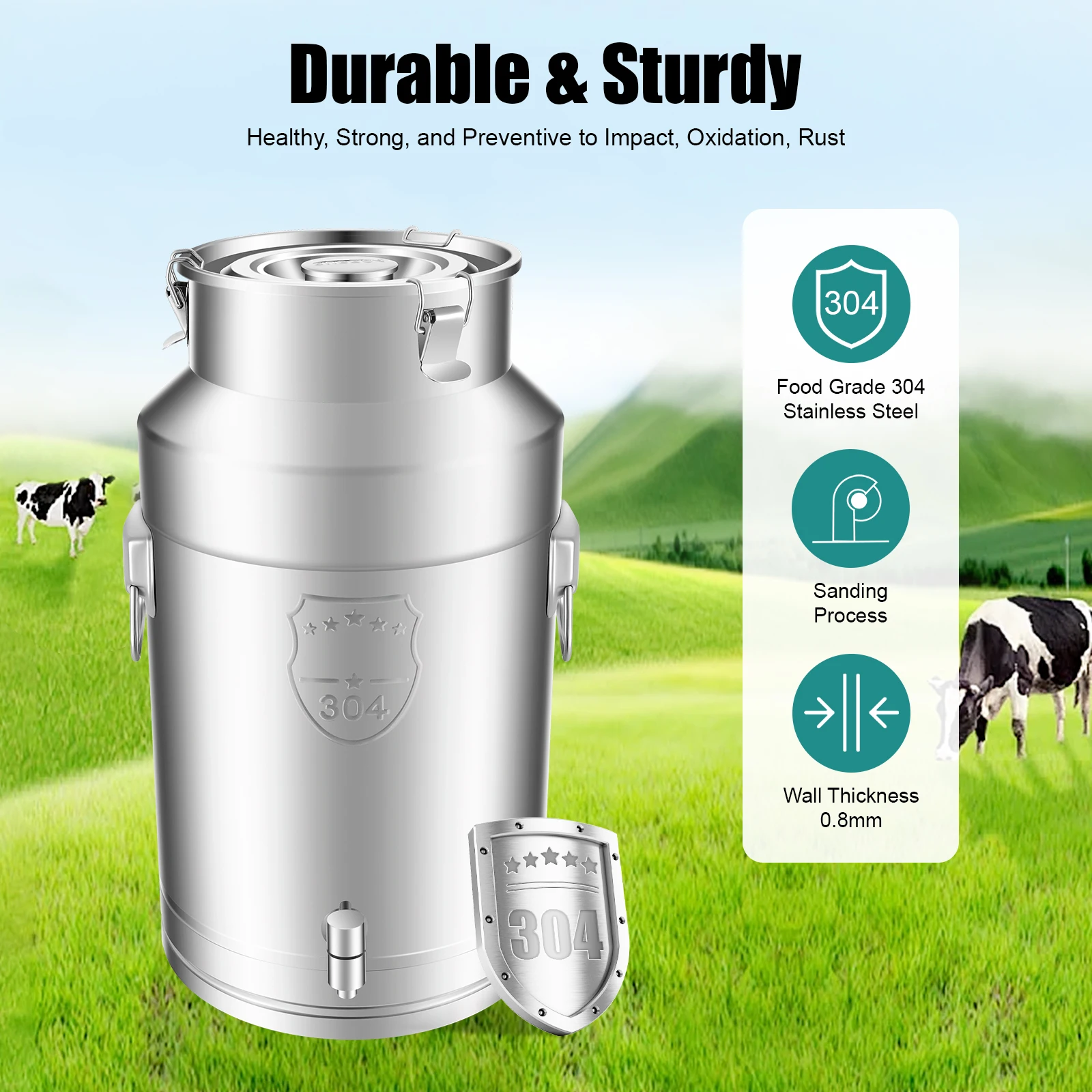 

304 Stainless Steel Milk Can with 3 Clips, Tap,and Silicone Seal, Airtight Design for Freshness, Durability, and Safety