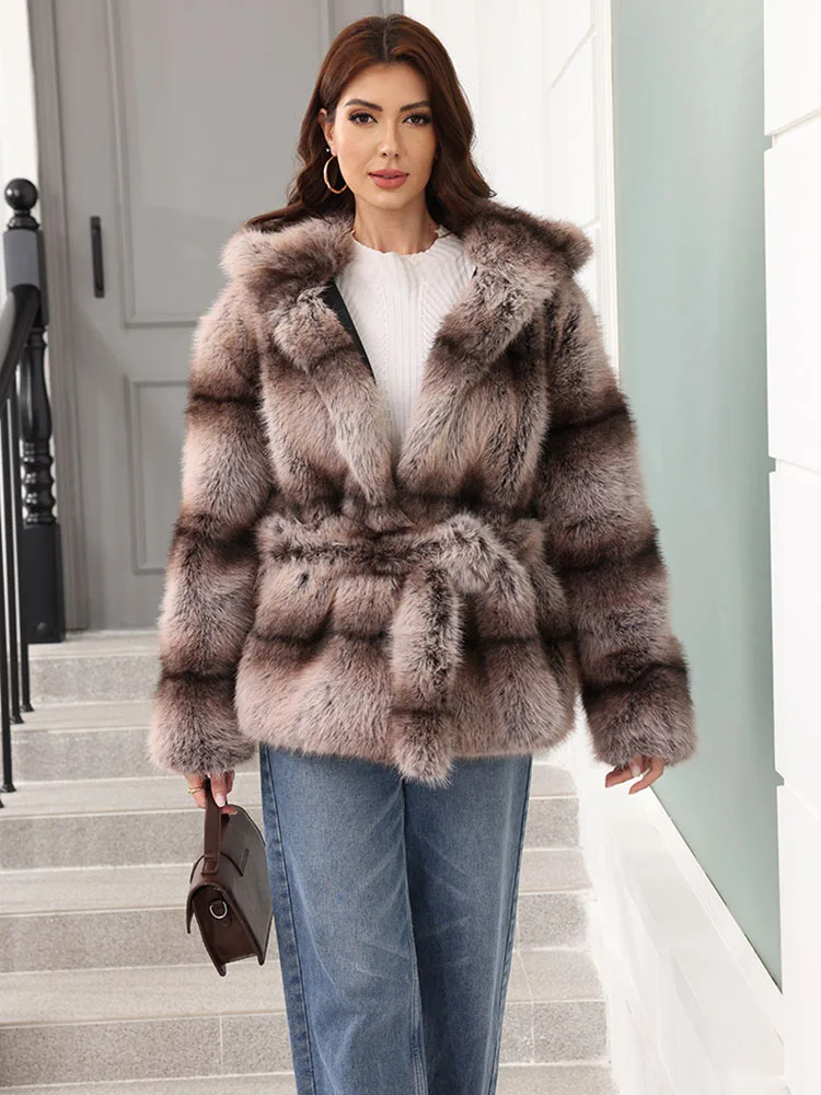 ZADORIN New Stripes Winter Fur Coats Woman Mid Long Hooded Warm Loose Faux Fur Coat For Woman Elegant Belted Fluffy Fur Jacket