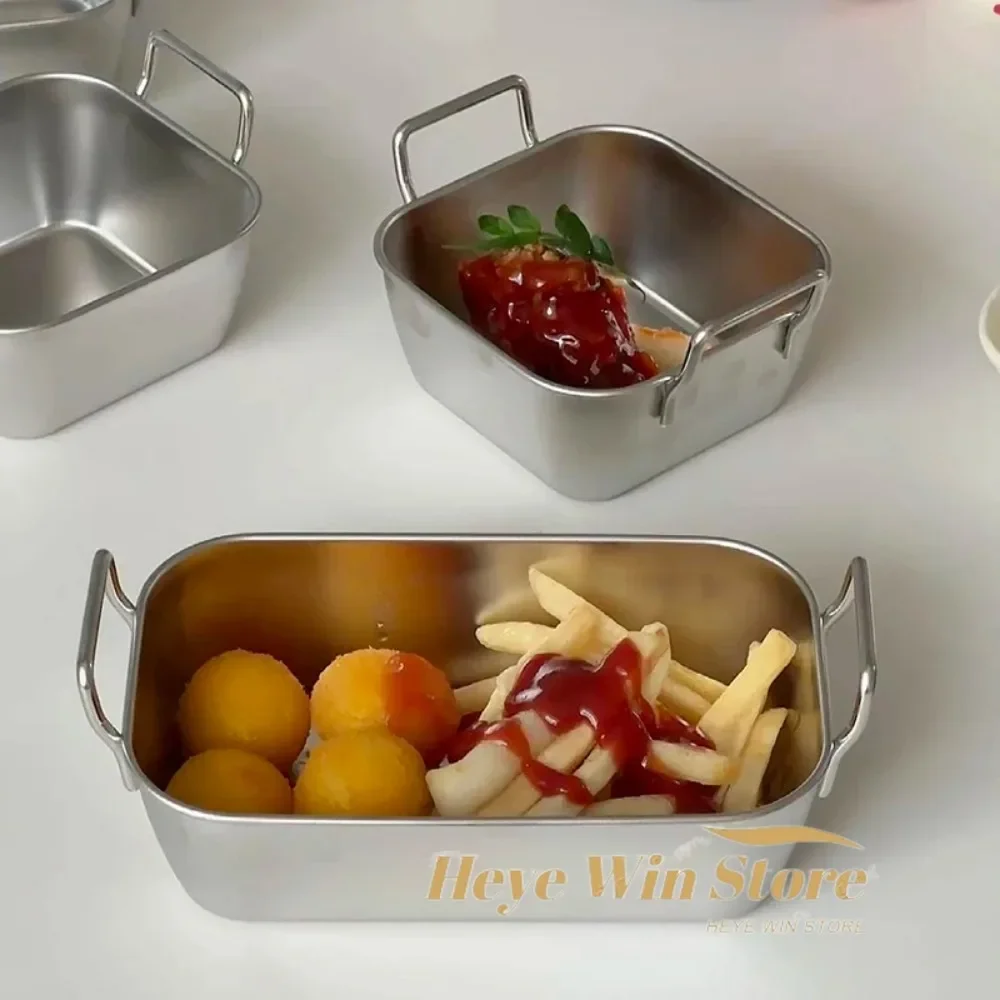 Korean Style Stainless Steel Binaural Snack Plate Fried Chicken Fries Tray Simple Fruit Salad Plate Tableware