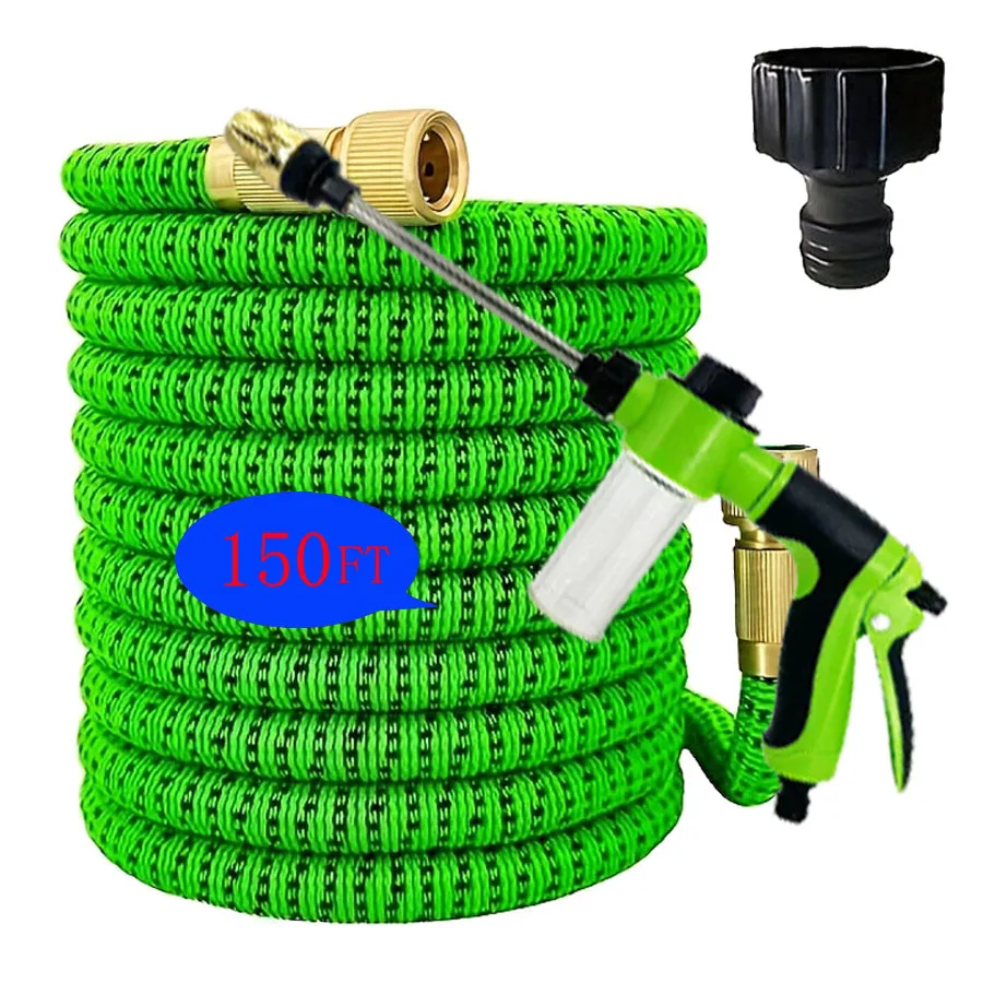 

Растягивающийся садовый шланг 150 футов с пенной насадкой высокого давления и длинной насадкой-копьем с латунными соединителями