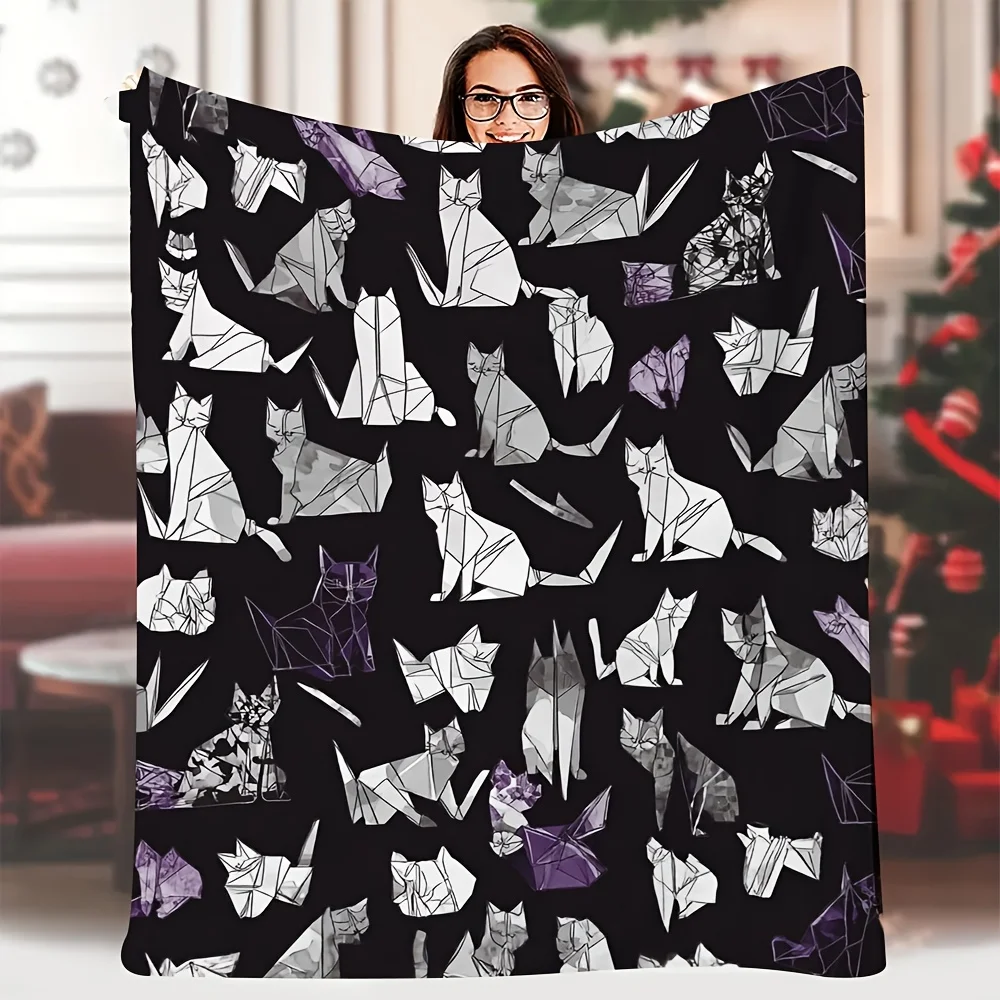 

1 шт. мягкое одеяло в клетку с кошачьим принтом — 60x80 дюймов, бесшовный дизайн оригами, всесезонный комфорт для кровати, дивана и путешествий, винтажный стиль