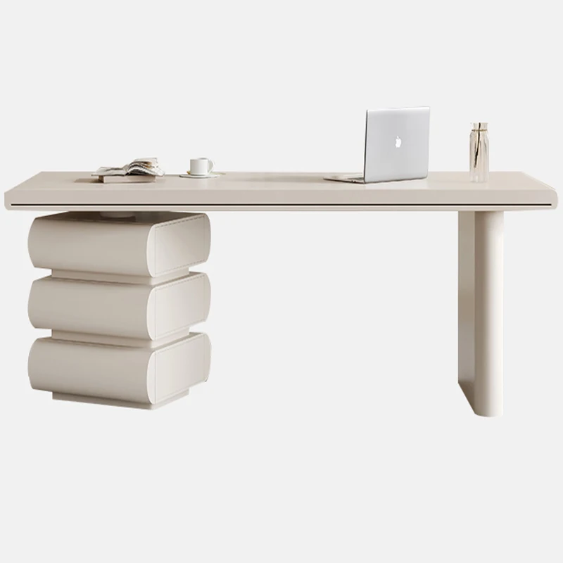 

#Cream Style Modern Minimalist Office Desk Sculptural Base Spacious Desktop MDF Board Ideal for Home Workspace