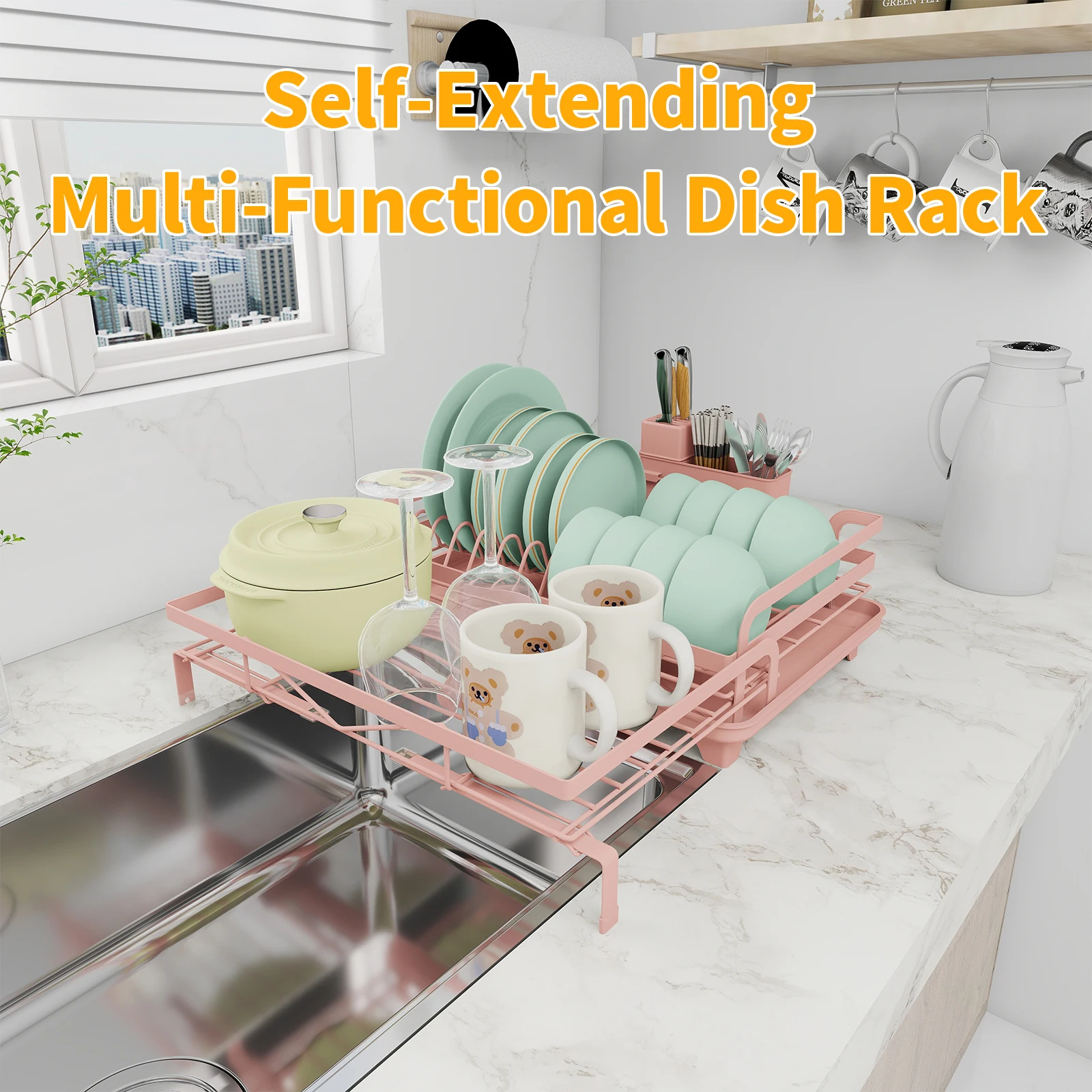 

Expandable in Sink Dish Drying Rack, Adjustable Over The Sink Dish Drainer with Utensil Holder,