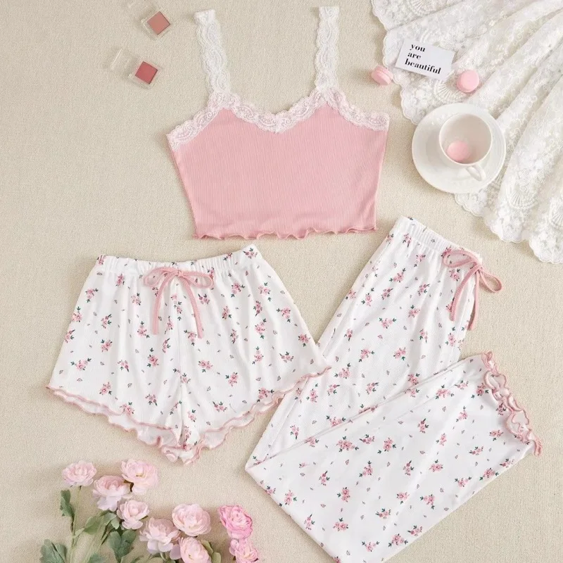 

Women's V-neck floral pajamas sweet and cute three piece set for spring and summer high-end suspender shorts set sexy home wear