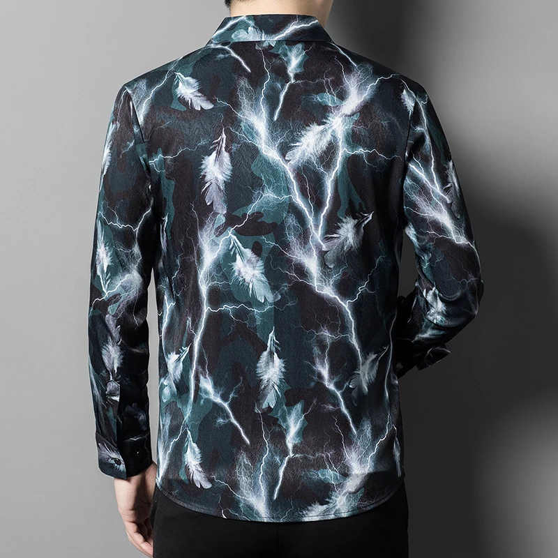 Exquisite Silky Shirts For Men Long Sleeved Digital Print Trendy Autumn Quality Polyester Spandex Anti-Wrinkle Camisas De Hombre