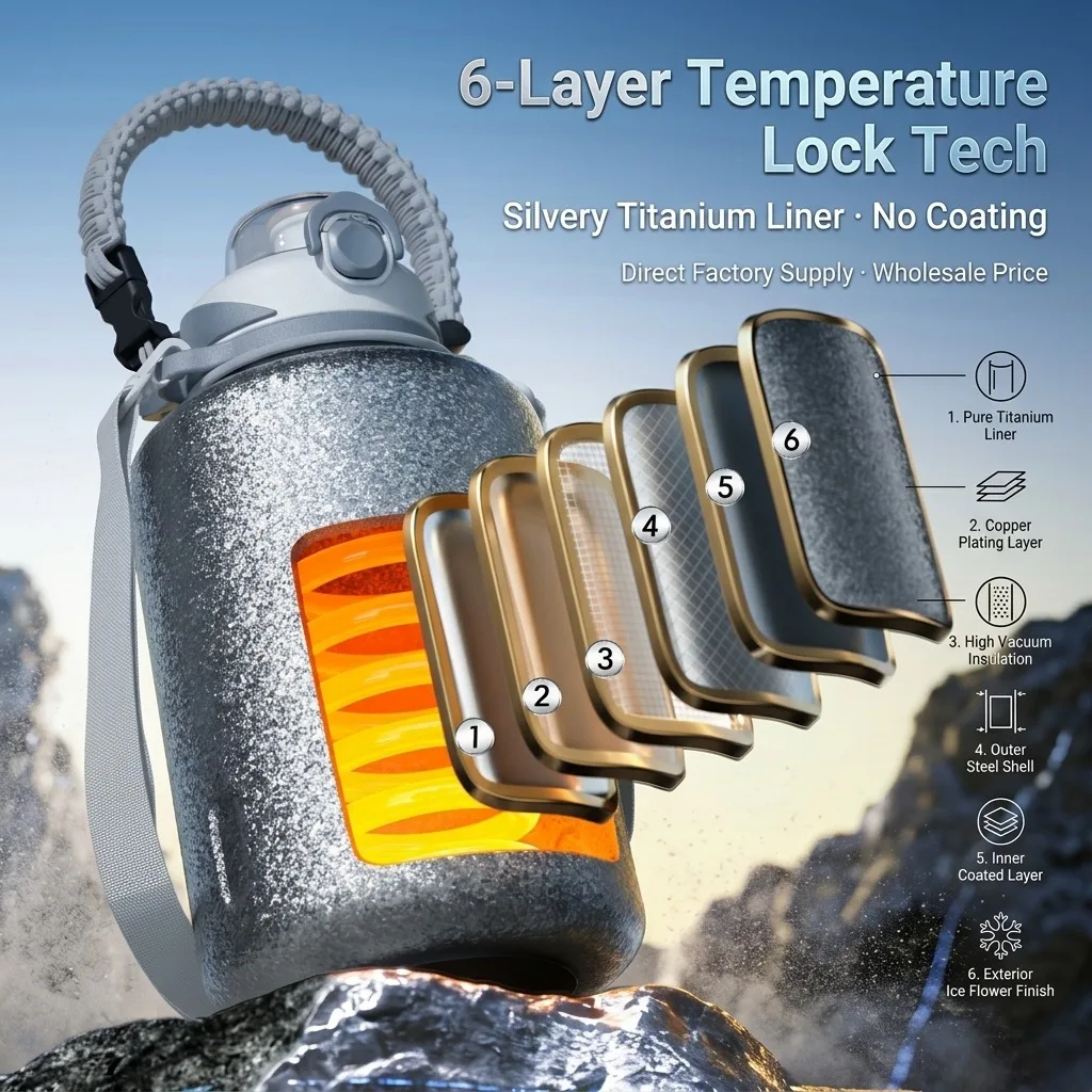 Titanium Water Bottle 2000ml Insulated Thermos with 2 in 1 Lid Leak Proof Large Capacity Sports Tumbler for Men Outdoor