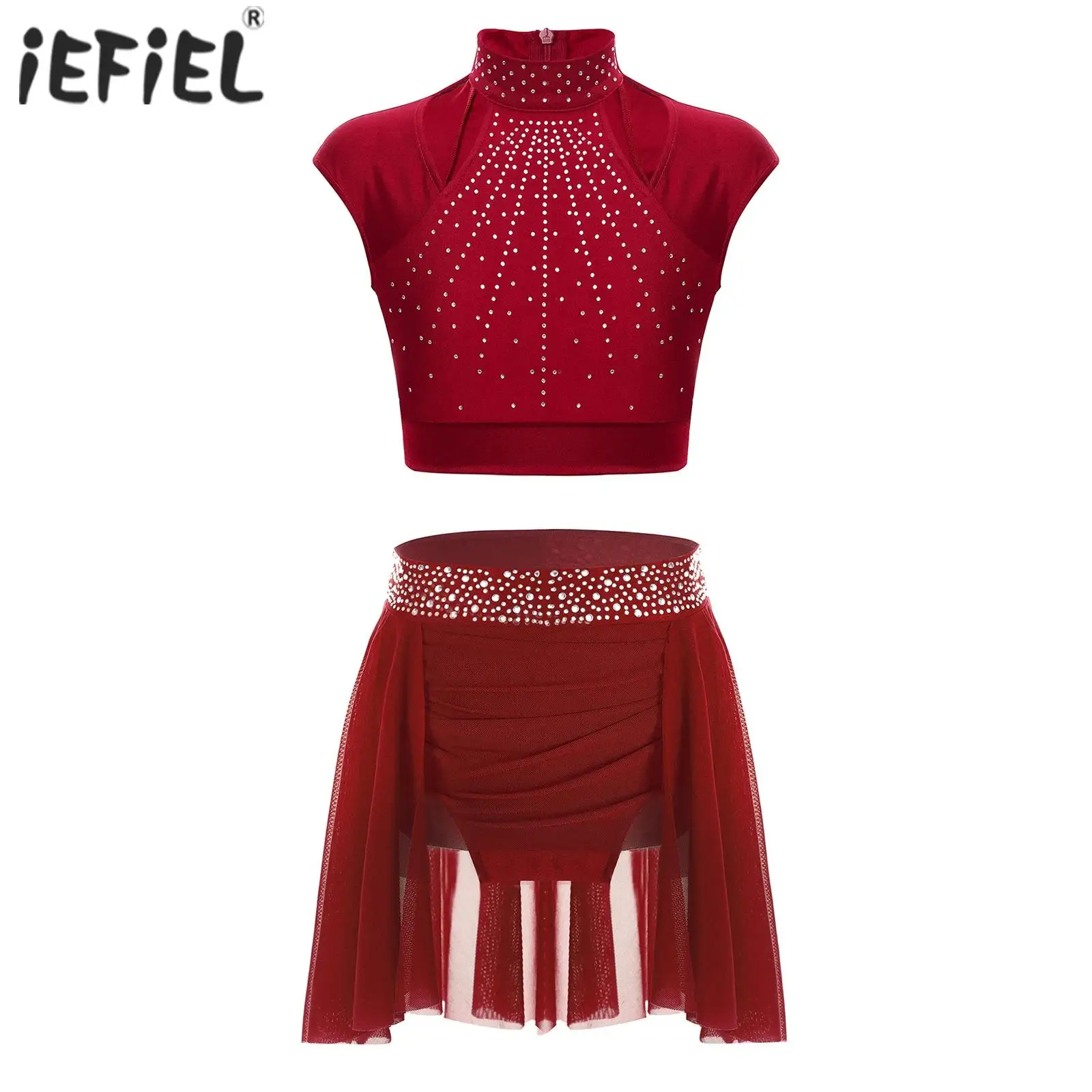 

Kids Girls Ballet Sets Crop Top with Rhinestones Waistband Ruched Irregular Skirt for Figure Skating Lyrical Dance Performance