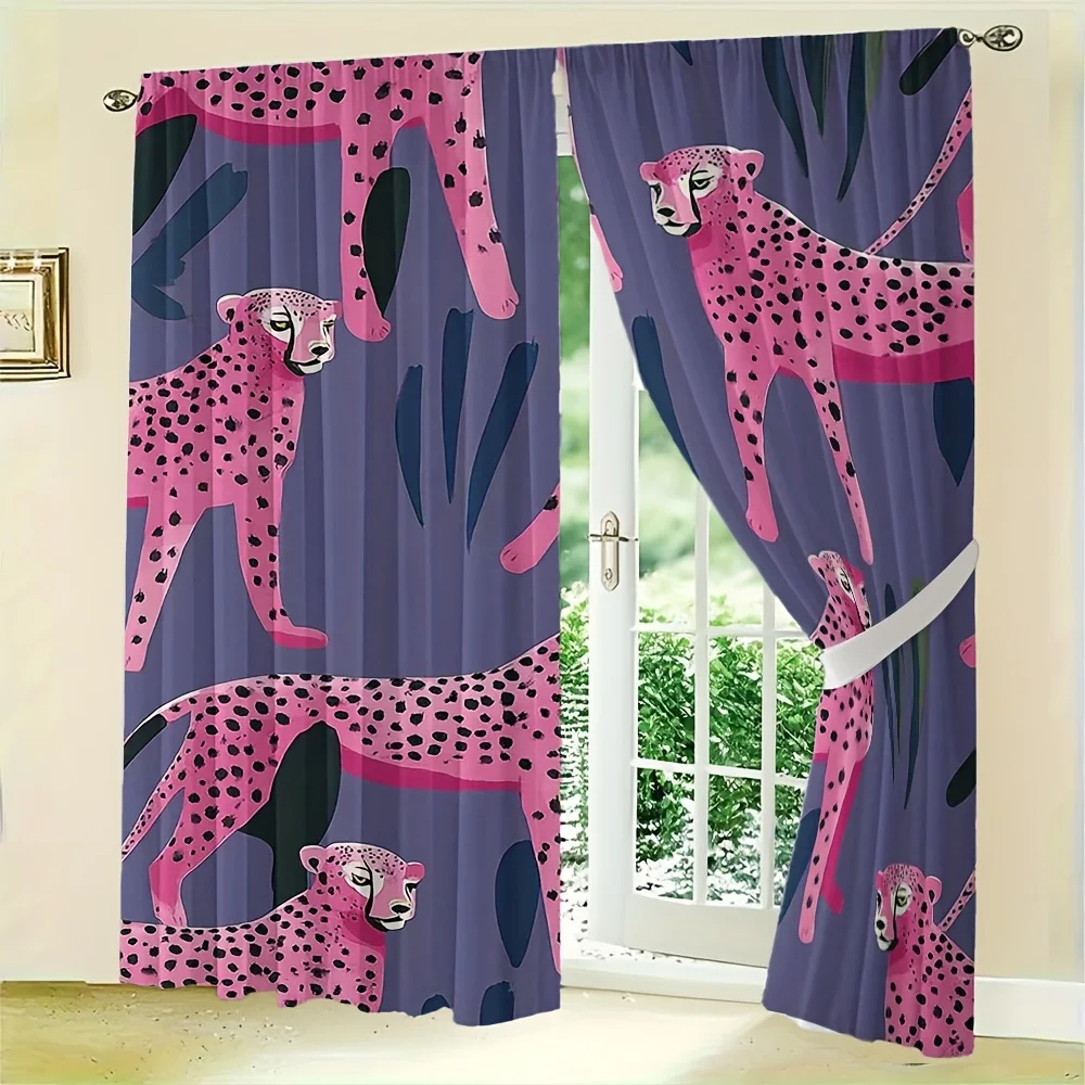 2pcs, No suspension rod Curtains, 23.62x59.06 inch, Pink cheetah pattern, purple background, simple illustration, Suitable for a
