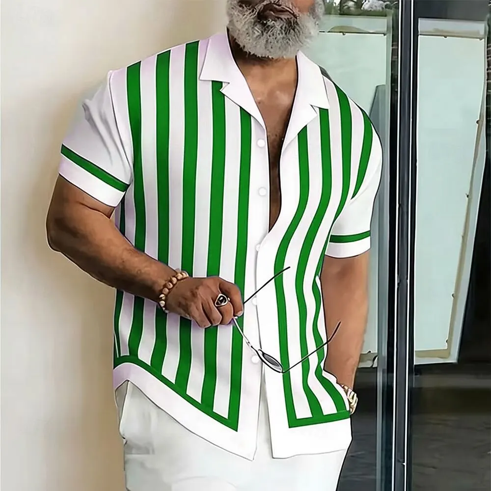 Men's Short Sleeve Button Up Shirt, Geometric Striped 3D Print Business Casual Style, Spring & Summer Vacation