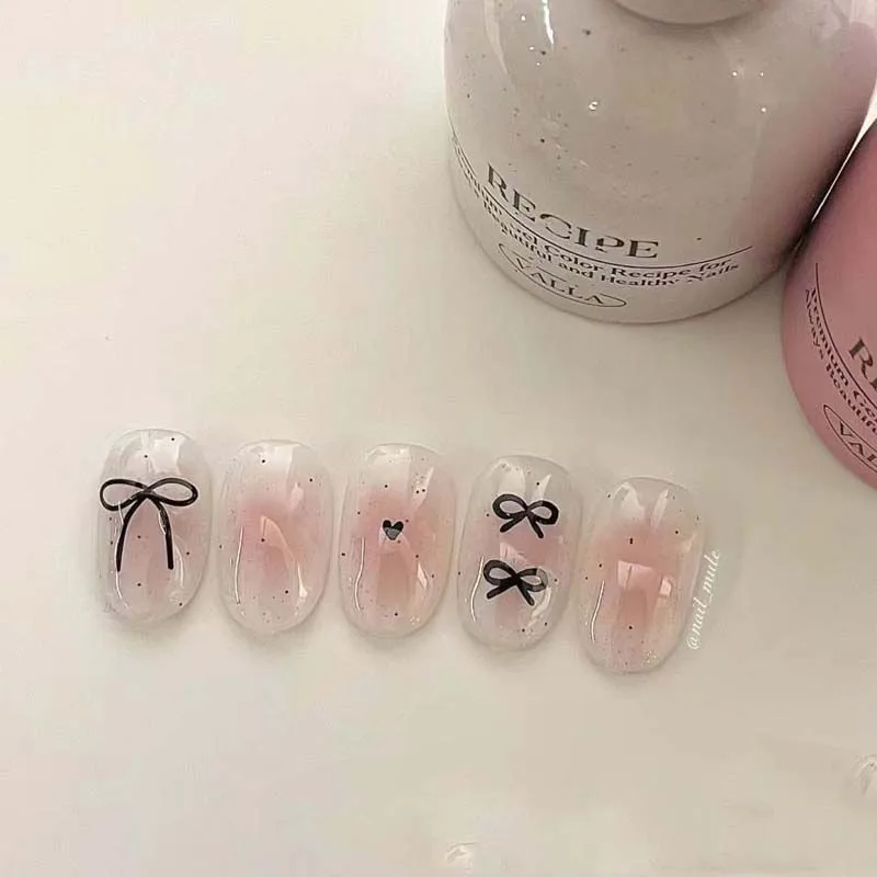 10 Pieces Sweetheart Girl Handmade Wear Nail Pink Sweet Bow Blush Fake Nails Cute Sexy Princess Style Short Nail Art