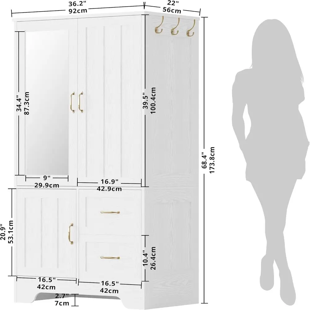 LIKIMIO Wardrobe Closet with Mirror and Doors & Drawers and Shelves, Wooden Armoire Storage Cabinet with Hanging Rod for Bedroom