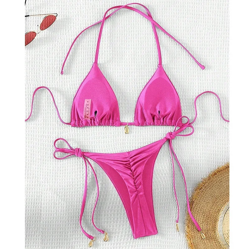 เซ็กซี่ Halter ชุดบิกินี่สีทึบชุดว่ายน้ําสตรี 2 ชิ้นสามเหลี่ยมชุดว่ายน้ําชุดว่ายน้ําฤดูร้อนบราซิล Biquinis