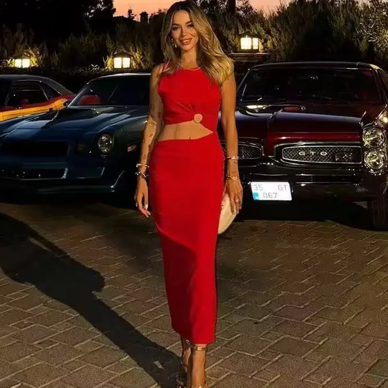 TRAF Cut Out abito longuette rosso donna abiti lunghi senza maniche pieghettati per le donne abiti da festa aderenti estivi abito da ballo elegante con spacco