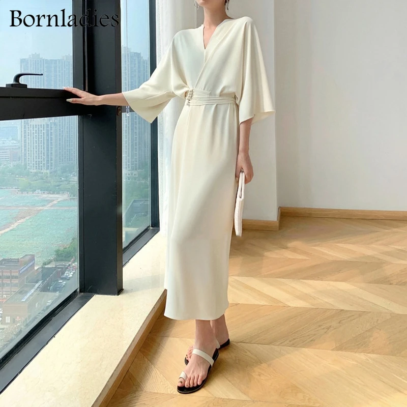 Bornladies Spring Autumn 2022 Women\'s Stylish Long Sleeve Sexy V-neck Slim Waist Dress Ladies Retro Long Party Vestidos