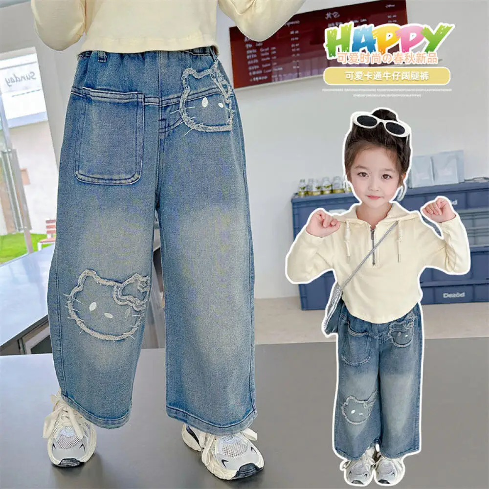 

Брюки Sanrio Hello Kitty для девочек, весенне-осенние новые детские стильные широкие брюки для маленьких девочек, детские осенние прямые джинсы