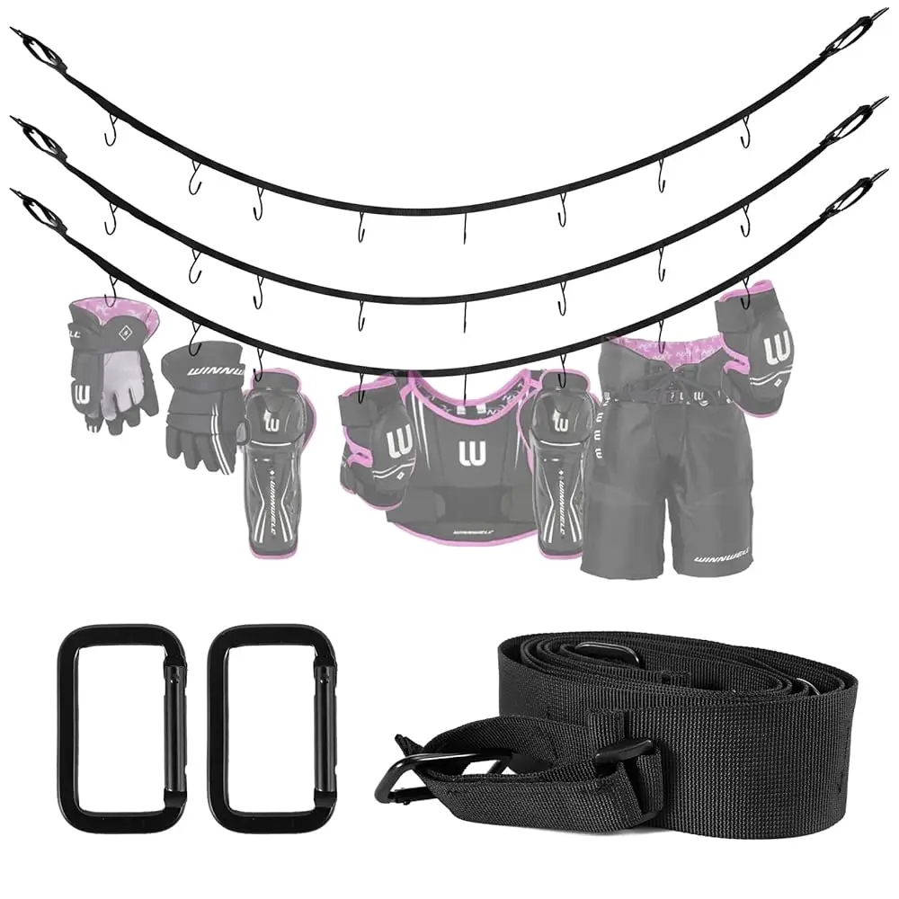 

Портативная вешалка для хоккейного снаряжения 58 дюймов с 2 регулируемыми крючками для дома, улицы, хоккея, катания на коньках, кемпинга, рыбалки